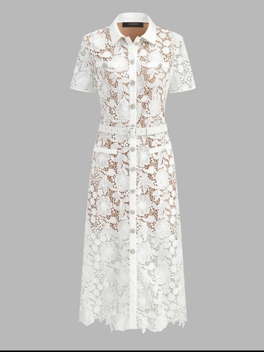 Commense Guipure Lace Button-Front Midi Dress with Rhinestone buttons & Belt - Picture 2 of 5